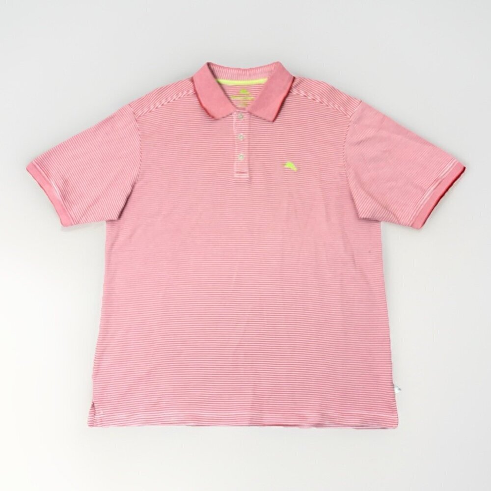 Tommy Bahama Men's Polo Shirt Size L Red White Striped Short Sleeves Logo GUC